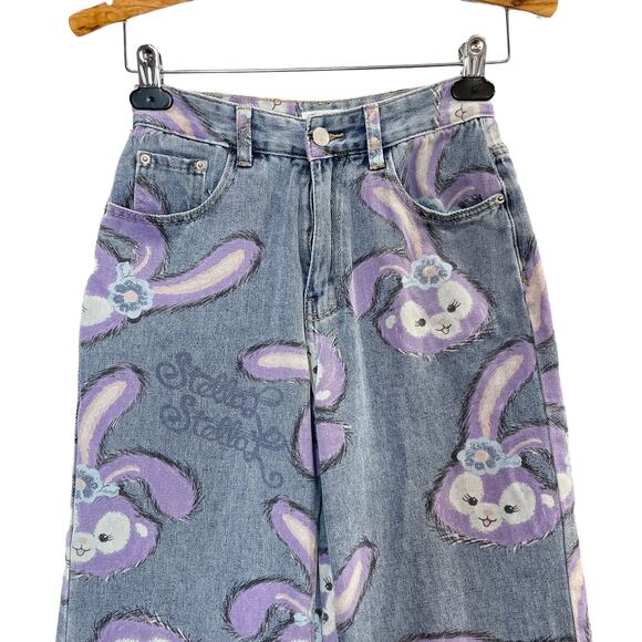 Bunny Rabbit Size M Jeans Wide Leg Flare High Waist Kawaii Bunny Anime Pastel - Picture 5 of 16